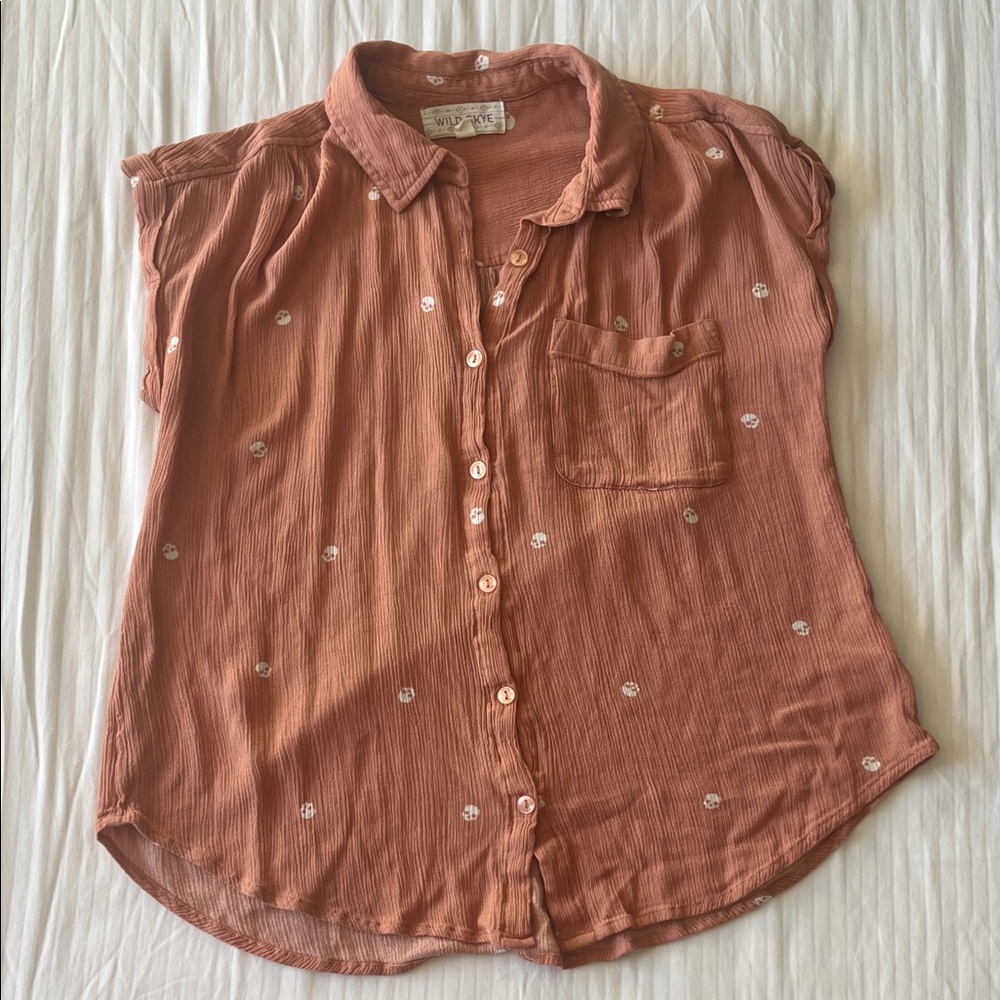 Pink Button Blouse with Skull Pattern
